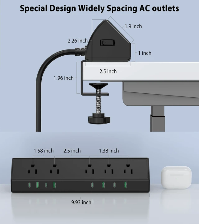Alt view image 7 of 7 - 45W Fast Charging Station,Desk Clamp Power Strip,4 PD USB-C Ports,5 AC Outlets,Surge Protector Power Strip, 14AWG Heavy Duty Cord, Fits 1.9" Tabletop Edge (Black, 20 FT Cable)