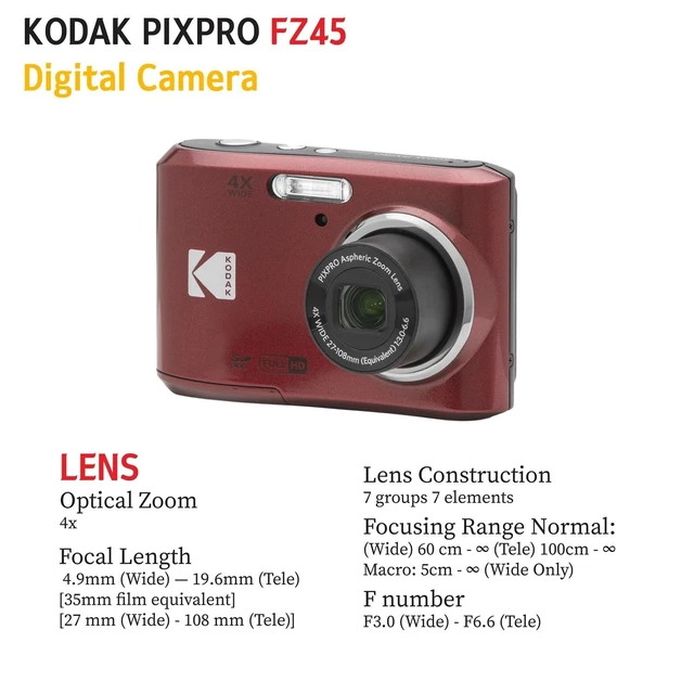 Alt view image 6 of 7 - PIXPRO FZ45 16MP Digital Camera with 4X Optical Zoom 27mm Wide Angle and 2.7" LCD Screen Bundle with 32GB SD Memory Card, AA Batteries (4 Pack), Lens Cleaning Cloth (Red)