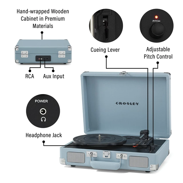 Alt view image 3 of 7 - CR8005F-TN Cruiser Plus Vintage 3-Speed Bluetooth in/Out Suitcase Vinyl Record Player Turntable, Tourmaline