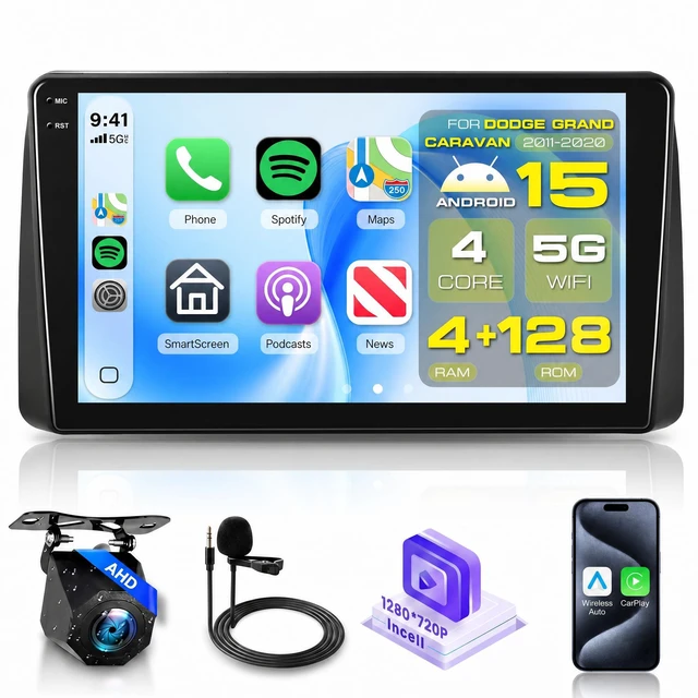 Main image of 4G+128G for Dodge Grand Caravan Car Radio 2011-2020 Chrysler Town & Country 2011-2016, 9" in-Cell Touch Screen Car Stereo with WiFi DSP Wireless Carplay Android Auto BT 5.0 SWC Backup Camera