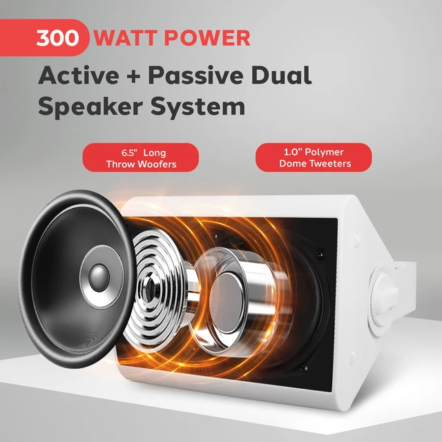 Alt view image 4 of 7 - 6.5'' Marine Grade Waterproof Bluetooth Speakers with Built-in Amplifier, Indoor/Outdoor Use, Full Range Stereo, Aux Input, Rustproof, Ideal for Patio, Pool, Home Audio, White