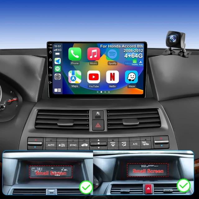 Main image of 4G+64G 5GWiFi Upgrade Car Radio for Honda Accord 2008-2012 8th Gen, 10inch Touch Screen Stereo, Wireless Carplay Android Auto Bluetooth GPS FM DSP Camera, Only Fit for Original Car with Small Screen