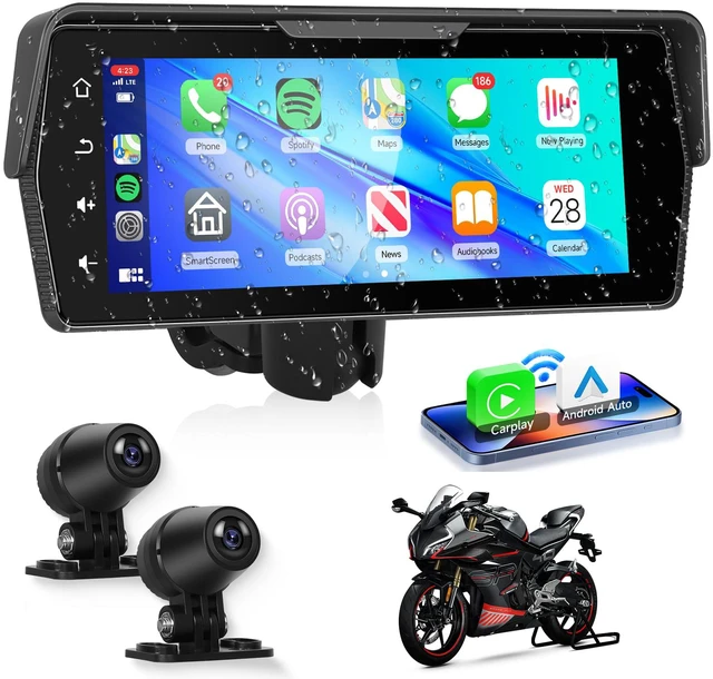 Main image of Motorcycle Front+Rear Dash Cam,6.86 inch IPS 1280x480P Touch Screen,1080P Motorcycle Camera DVR,Wireless Carplay&Android Auto,GPS,IP67 Waterproof,120°Wide,Bluetooth5.0,TF,PhoneLink for Motorbike