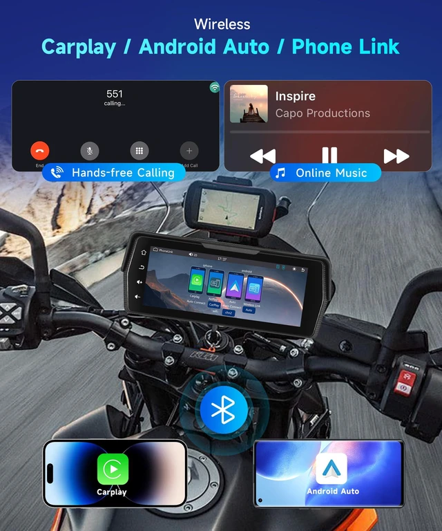 Alt view image 2 of 7 - Motorcycle Front+Rear Dash Cam,6.86 inch IPS 1280x480P Touch Screen,1080P Motorcycle Camera DVR,Wireless Carplay&Android Auto,GPS,IP67 Waterproof,120°Wide,Bluetooth5.0,TF,PhoneLink for Motorbike