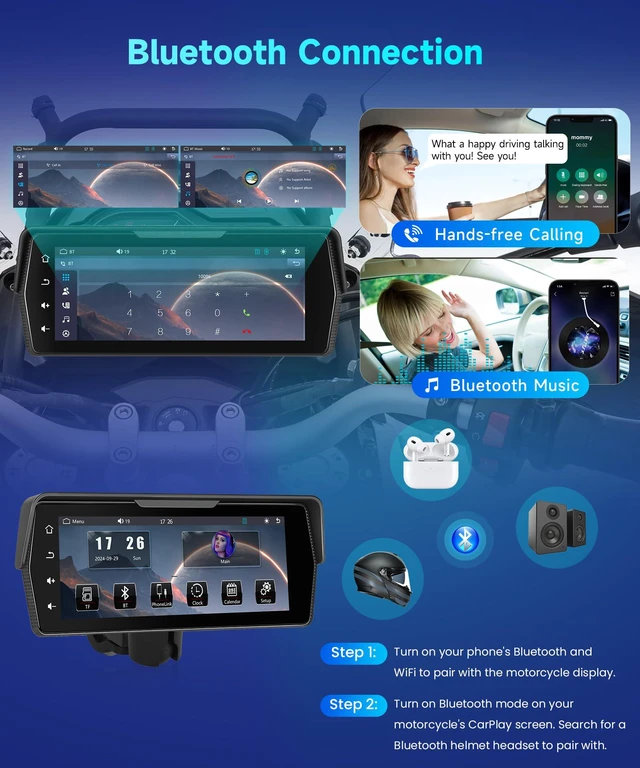 Alt view image 4 of 7 - Motorcycle Front+Rear Dash Cam,6.86 inch IPS 1280x480P Touch Screen,1080P Motorcycle Camera DVR,Wireless Carplay&Android Auto,GPS,IP67 Waterproof,120°Wide,Bluetooth5.0,TF,PhoneLink for Motorbike
