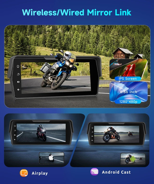 Alt view image 5 of 7 - Motorcycle Front+Rear Dash Cam,6.86 inch IPS 1280x480P Touch Screen,1080P Motorcycle Camera DVR,Wireless Carplay&Android Auto,GPS,IP67 Waterproof,120°Wide,Bluetooth5.0,TF,PhoneLink for Motorbike