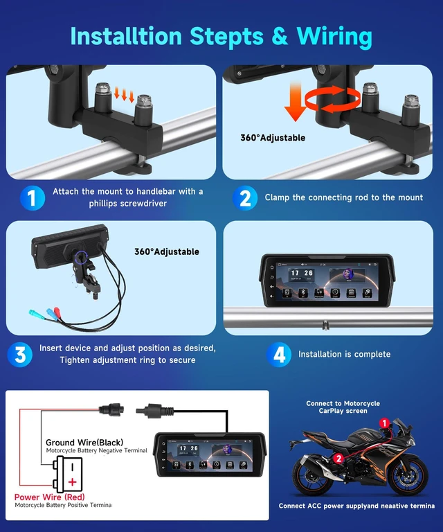 Alt view image 6 of 7 - Motorcycle Front+Rear Dash Cam,6.86 inch IPS 1280x480P Touch Screen,1080P Motorcycle Camera DVR,Wireless Carplay&Android Auto,GPS,IP67 Waterproof,120°Wide,Bluetooth5.0,TF,PhoneLink for Motorbike