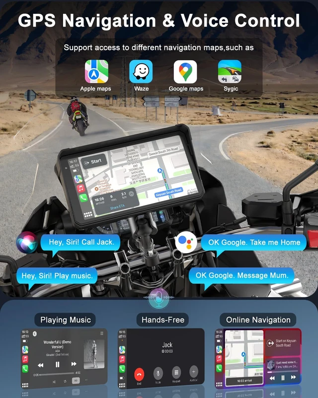 Alt view image 4 of 7 - 2K 30FPS Motorcycle Dash Cam Front and Rear, 6" IPS 60Hz Motorcycle Apple Carplay and Android Auto Screen, IP68 Waterproof, GPS Navigation System, TPMS & Wired Remote Control