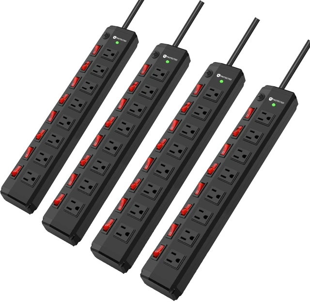 Main image of 4PCS 8 Outlet Heavy Duty Power Strip with 8 Individual Switches,Moutable Metal Power Strip Surge Protector 1200 Joules,6FT 14AWG Extension Cord,15A 1800W 125V 60Hz