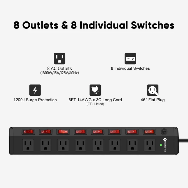 Alt view image 6 of 7 - 3PCS 8 Outlet Heavy Duty Power Strip with 8 Individual Switches,Moutable Metal Power Strip Surge Protector 1200 Joules,6FT 14AWG Extension Cord,15A 1800W 125V 60Hz