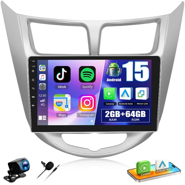 Main image of for Hyundai Accent Verna Solaris 2010-2016 Android 15 Car Radio, 2+64G Wireless Carplay/Android Auto 9" IPS Touch Screen Car Stereo with Bluetooth/GPS Navi WiFi +AHD Backup Camera+MIC