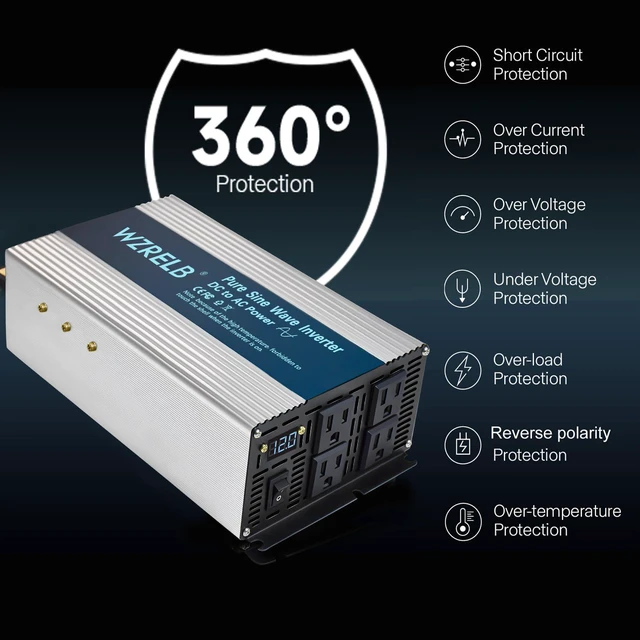 Alt view image 4 of 7 - 1800W Pure Sine Wave Inverter 12V DC to 110V 120V AC,Car Power Inverter with 4 AC Outlets, LED Display,Off-Grid Portable Power Converter for Home, RV, Truck, Camping