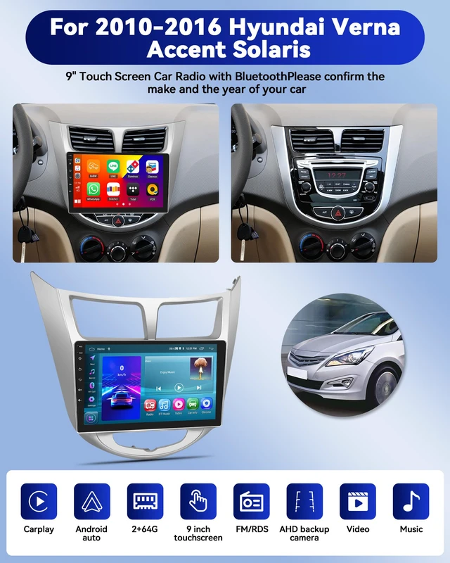 Alt view image 4 of 7 - for Hyundai Accent Verna Solaris 2010-2016 Android 15 Car Radio, 2+64G Wireless Carplay/Android Auto 9" IPS Touch Screen Car Stereo with Bluetooth/GPS Navi WiFi +AHD Backup Camera+MIC