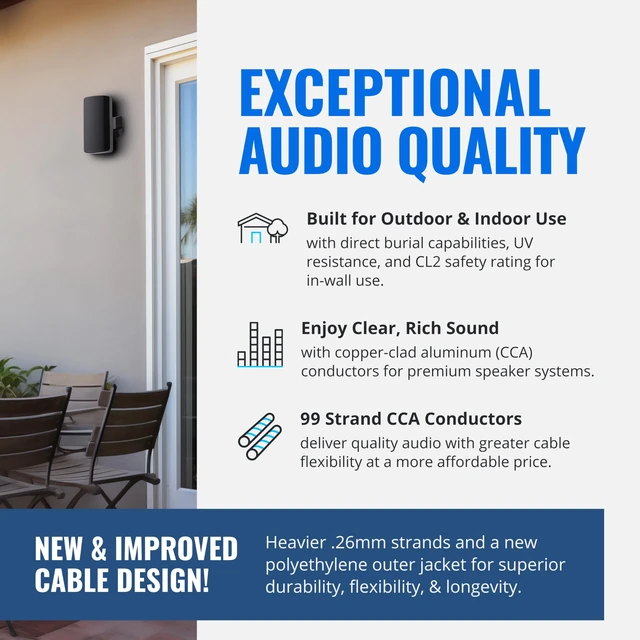 Alt view image 3 of 7 - Cables Direct Online Speaker Wire 16 Gauge, 500 ft for Outdoor and Indoor Use, 16/2 CCA (Copper Clad Aluminum) Stranded Bulk Audio Cable, In Ground Direct Burial Waterproof and UV Resistant