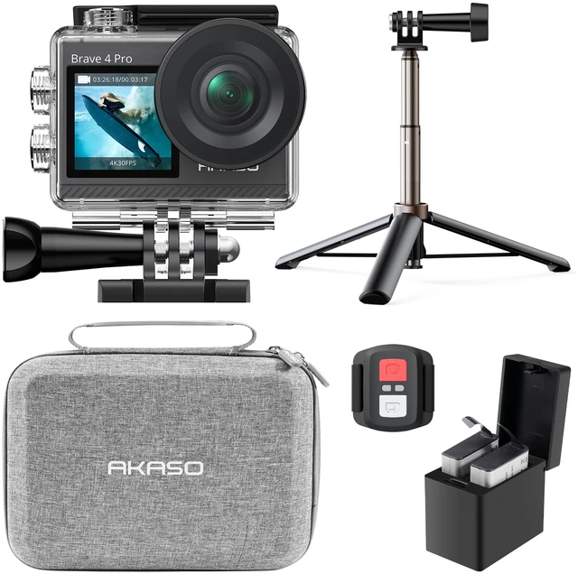 Main image of Brave 4 Pro Action Camera with Selfie Stick Tripod and Carrying Bag Bundle - 4K30 20MP Ultra Hd EIS 131ft Underwater Camera 5xZoom Touch Screen WiFi Remote Control with Helmet Accessories Kit