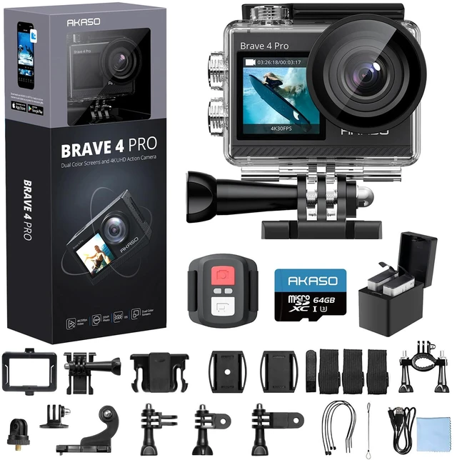 Main image of Brave 4 Pro 4K30 Action Camera with 64GB MicroSD U3 Card, 131FT Underwater Waterproof Camera EIS Touch Screen Remote Control with 2x1350mAh Batteries and Helmet Accessories Kit Bundle