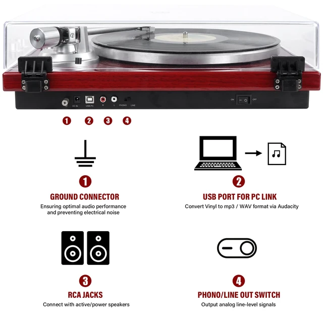 Alt view image 2 of 7 - Belt Drive Turntable for Vinyl Record Player, Bluetooth Output, Built-in Phono Preamp, USB Digital Output, Magnetic Cartridge, 33/45 RPM, High-Gloss Wood Design, No Built-in Speakers(Red)
