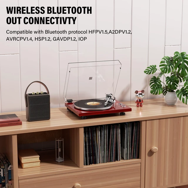Alt view image 5 of 7 - Belt Drive Turntable for Vinyl Record Player, Bluetooth Output, Built-in Phono Preamp, USB Digital Output, Magnetic Cartridge, 33/45 RPM, High-Gloss Wood Design, No Built-in Speakers(Red)