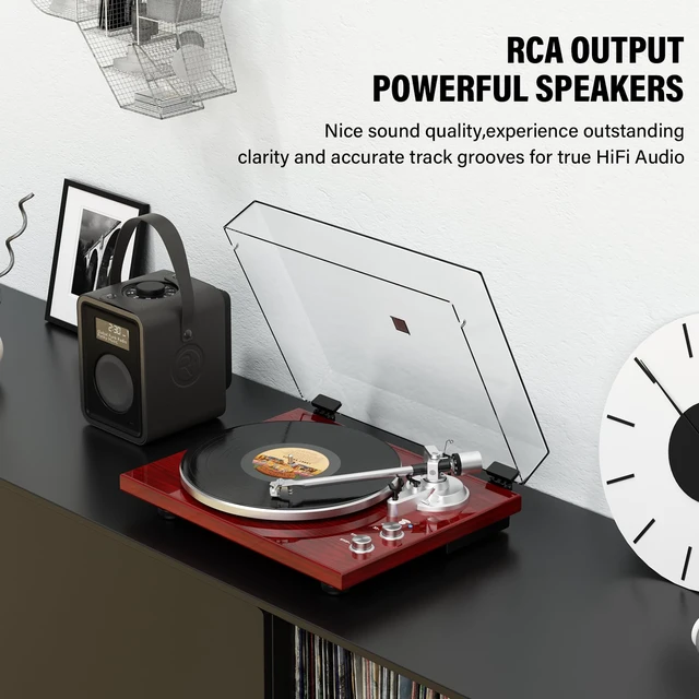 Alt view image 6 of 7 - Belt Drive Turntable for Vinyl Record Player, Bluetooth Output, Built-in Phono Preamp, USB Digital Output, Magnetic Cartridge, 33/45 RPM, High-Gloss Wood Design, No Built-in Speakers(Red)