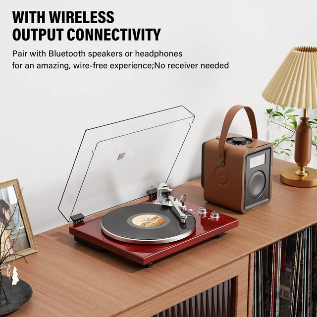 Alt view image 7 of 7 - Belt Drive Turntable for Vinyl Record Player, Bluetooth Output, Built-in Phono Preamp, USB Digital Output, Magnetic Cartridge, 33/45 RPM, High-Gloss Wood Design, No Built-in Speakers(Red)