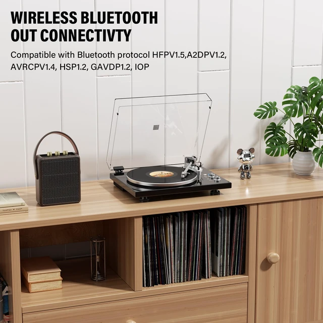 Alt view image 2 of 7 - Belt Drive Turntable for Vinyl Record Player, Bluetooth Output, Built-in Phono Preamp, USB Digital Output, Magnetic Cartridge, 33/45 RPM, High-Gloss Wood Design, No Built-in Speakers