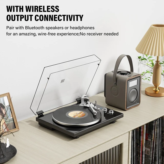 Alt view image 6 of 7 - Belt Drive Turntable for Vinyl Record Player, Bluetooth Output, Built-in Phono Preamp, USB Digital Output, Magnetic Cartridge, 33/45 RPM, High-Gloss Wood Design, No Built-in Speakers
