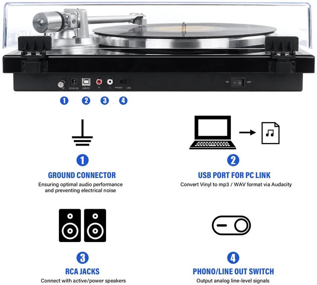 Alt view image 7 of 7 - Belt Drive Turntable for Vinyl Record Player, Bluetooth Output, Built-in Phono Preamp, USB Digital Output, Magnetic Cartridge, 33/45 RPM, High-Gloss Wood Design, No Built-in Speakers