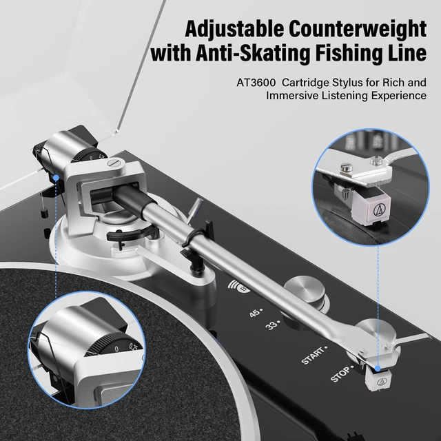 Alt view image 5 of 7 - Belt Drive Turntable for Vinyl Record Player, Bluetooth Output, Built-in Phono Preamp, USB Digital Output, Magnetic Cartridge, 33/45 RPM, High-Gloss Wood Design, No Built-in Speakers