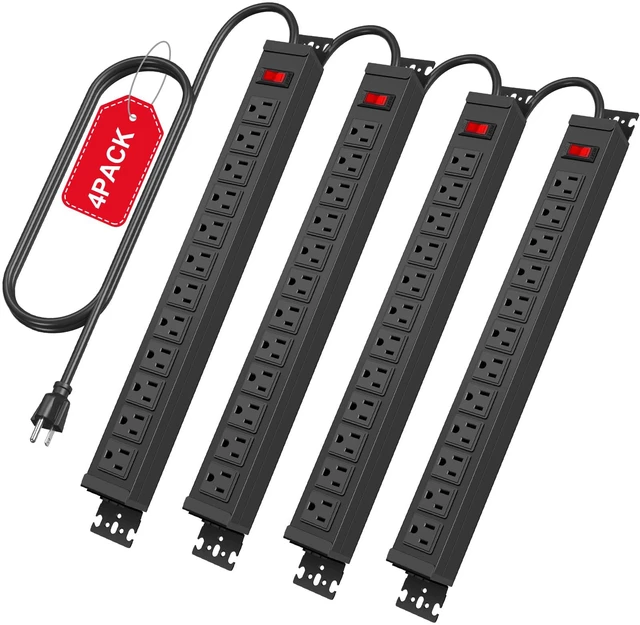 Main image of 4 Pack Rotating Mountable Power Strip, 12 Outlet Wall Mount Surge Protector,1200J, Metal Heavy Duty and Versatile Outlet Strip, Stylish Appearance, Sturdy and Durable, 6ft Power Cord.(Black)