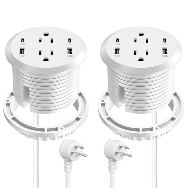 Main image of 3 inch Desktop Power Grommet USB C,65W Fast Charging Station,Furniture Recessed Power Strip,2 Outlets,4 USB Ports,Flush-Mount for Desktop, Workspace Essential Desk Outlet,2 Pack (White)