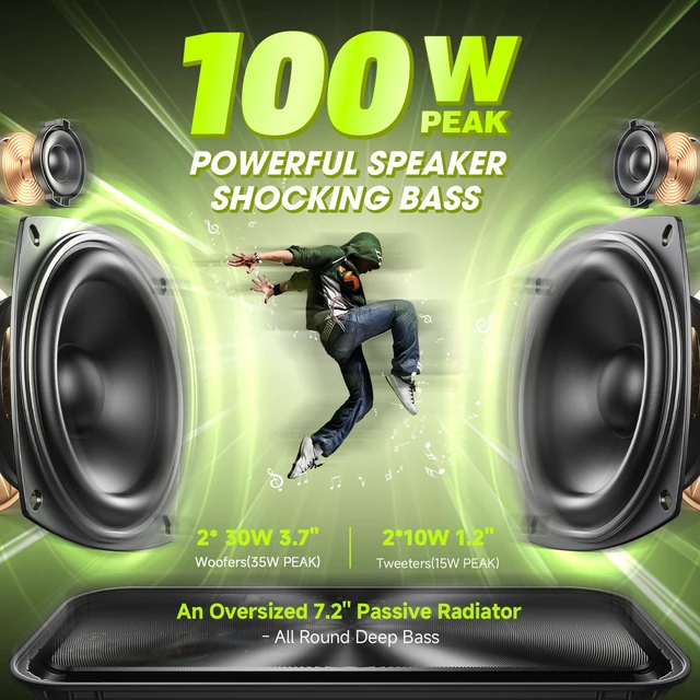 Alt view image 2 of 7 - Portable Bluetooth Speaker 100W(Peak) Loud with Deep Bass, IPX6 Waterproof Speakers Bluetooth Wireless, 60W Ex-large Passive Radiator/40H/EQ/Dual Pairing/TF/AUX, Party Big Large Outdoor Boombox