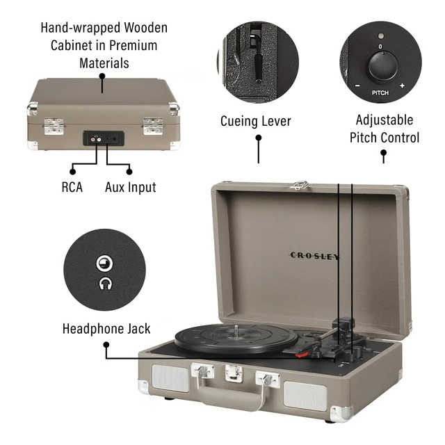Alt view image 3 of 7 - CR8005F-TE Cruiser Plus Vintage 3-Speed Bluetooth in/Out Suitcase Vinyl Record Player Turntable, Taupe