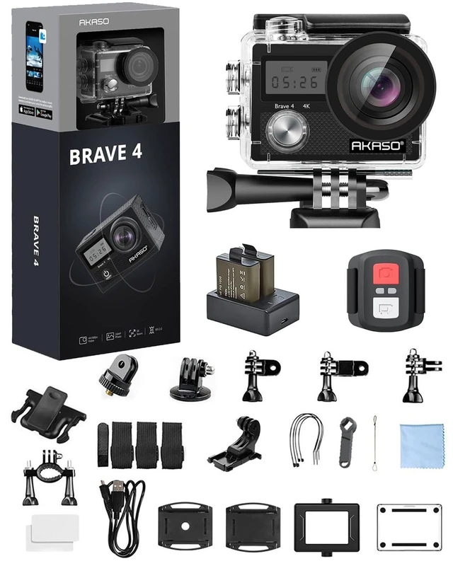 Main image of Brave 4 Action Camera 4K 30fps Ultra HD WiFi Sport Cameras with 170° FOV, Image Stabilization, 131FT Waterproof Underwater Camera with 2x1050mAh Batteries, Helmet Accessories Kit