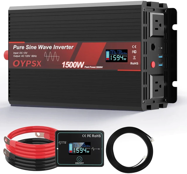 Main image of 1500W Power Inverter 12V to 110V 120V AC Pure Sine Wave Inverter for RV Truck Camping,Outdoor Off-Grid Power Converter with LCD Display,Wired Controller,AC Outlets USB Ports (12V-1500Watt)