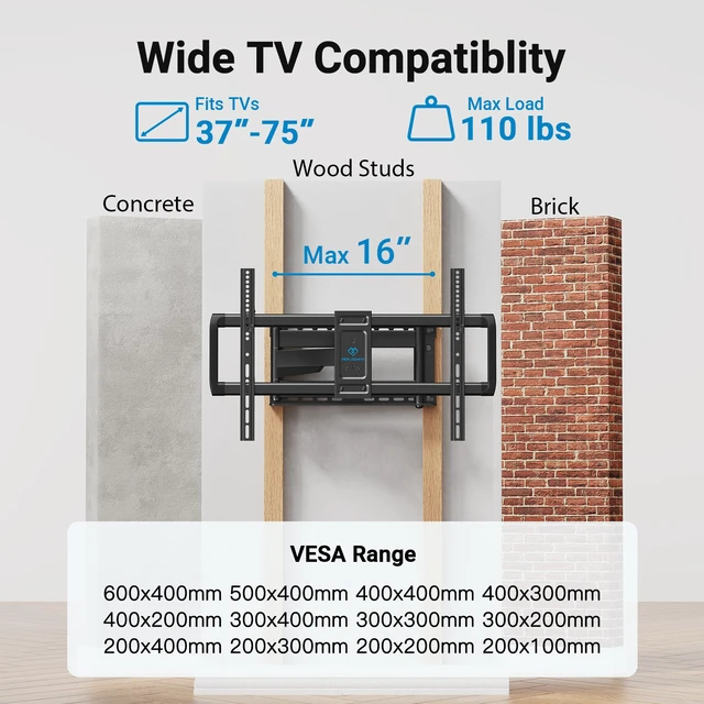 Alt view image 2 of 7 - Long Arm TV Wall Mount Full Motion for 37-75 inch TVs, Corner TV Mount Bracket with 27.36-inch Articulating Long Extension Arm, Swivel&Tilt, Max VESA 600x400mm up to 110lbs, 16" Wood Stud