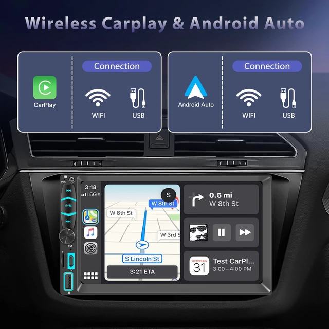 Alt view image 3 of 7 - Wireless Double Din Car Stereo Apple Carplay Radio Screen for Car Audio Receivers, Bluetooth Car Play Android Auto Touchscreen, Mirror Link, Backup Camera, AM/FM, Type-C