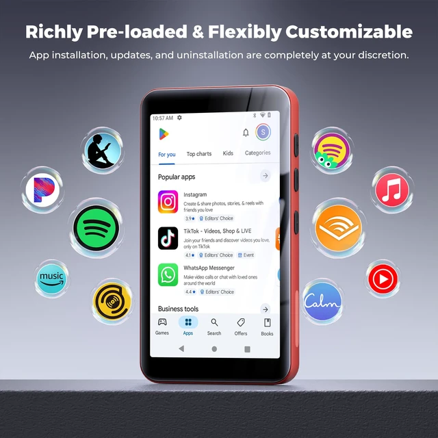 Alt view image 2 of 7 - 160GB G5 MP3 Player with Bluetooth and WiFi, MP3 Player with Spotify, Spotify Kids, Pandora, Play Store, Parental Manager App, Calm, 4" HD Full Touch Screen MP4 Music Player for Kids (Red)