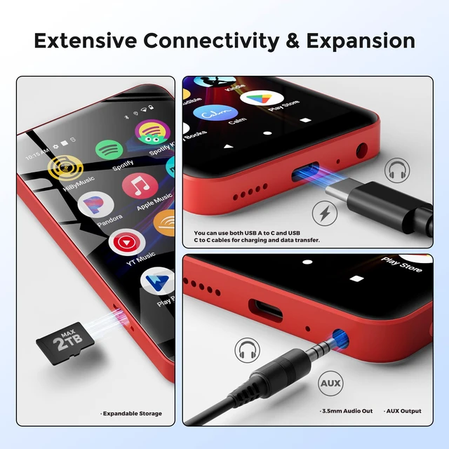 Alt view image 6 of 7 - 160GB G5 MP3 Player with Bluetooth and WiFi, MP3 Player with Spotify, Spotify Kids, Pandora, Play Store, Parental Manager App, Calm, 4" HD Full Touch Screen MP4 Music Player for Kids (Red)