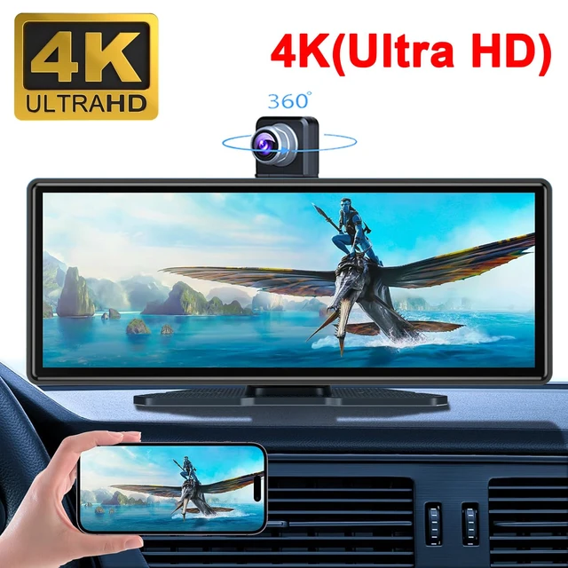 Alt view image 2 of 7 - 10.26" HD Carplay Screen for Car Stereo, 4K Dash Cam Wireless Portable Touch Screen Car Play with Apple Carplay & Android Auto with 1080P Back Up Camera, Bluetooth, Mirror Link, GPS, AUX+64GB