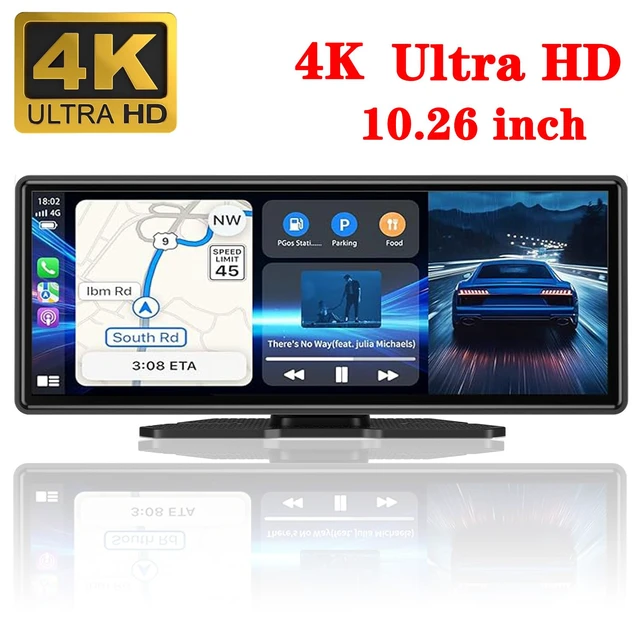 Alt view image 3 of 7 - 10.26" HD Carplay Screen for Car Stereo, 4K Dash Cam Wireless Portable Touch Screen Car Play with Apple Carplay & Android Auto with 1080P Back Up Camera, Bluetooth, Mirror Link, GPS, AUX+64GB