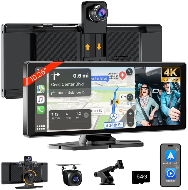 Main image of 10.26" HD Carplay Screen for Car Stereo, 4K Dash Cam Wireless Portable Touch Screen Car Play with Apple Carplay & Android Auto with 1080P Back Up Camera, Bluetooth, Mirror Link, GPS, AUX+64GB