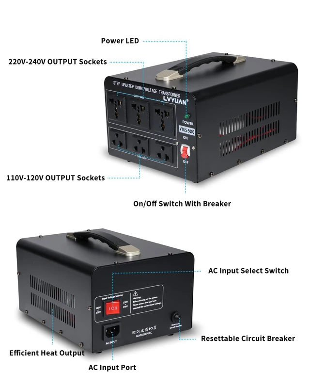 Alt view image 2 of 7 - 5000 Watt Voltage Converter Transformer Heavy Duty Step Up/Down AC 110V/120V/220V/240V Power Converter with 3 US Outlets, 3 Universal Outlets, Resettable Circuit Breaker Protection