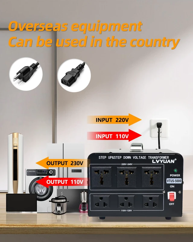 Alt view image 4 of 7 - 5000 Watt Voltage Converter Transformer Heavy Duty Step Up/Down AC 110V/120V/220V/240V Power Converter with 3 US Outlets, 3 Universal Outlets, Resettable Circuit Breaker Protection