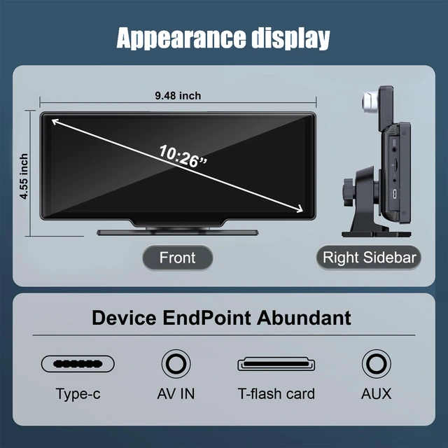 Alt view image 7 of 7 - 10.26" HD Carplay Screen for Car Stereo, 4K Dash Cam Wireless Portable Touch Screen Car Play with Apple Carplay & Android Auto with 1080P Back Up Camera, Bluetooth, Mirror Link, GPS, AUX+64GB