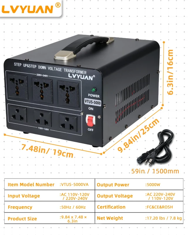 Alt view image 7 of 7 - 5000 Watt Voltage Converter Transformer Heavy Duty Step Up/Down AC 110V/120V/220V/240V Power Converter with 3 US Outlets, 3 Universal Outlets, Resettable Circuit Breaker Protection