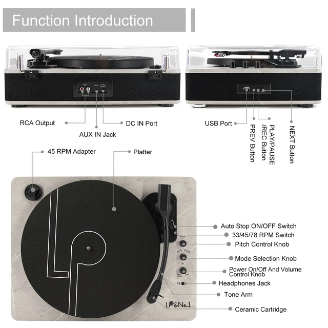 Alt view image 7 of 7 - Record Player Bluetooth Turntable with Built-in Speakers and USB Play&Recording Belt-Driven Vintage Phonograph Record Player 3 Speed for Entertainment and Home Decoration(Light Gray)