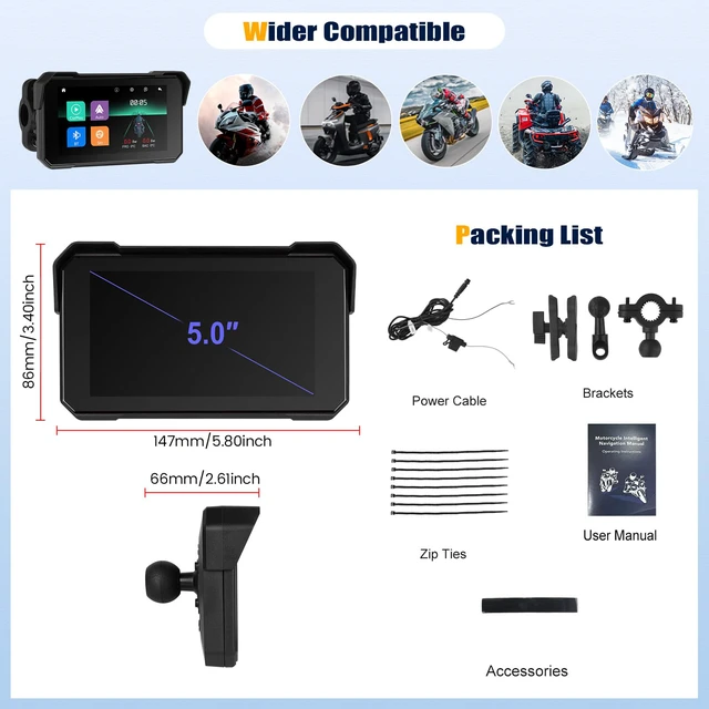 Alt view image 7 of 7 - CarPlay Screen for Motorcycle,Portable Wireless Carplay/Android Auto for Motorcycle,5 inch IPS Waterproof Portable Radio GPS Display for Motorbike with Bluetooth,TF Port