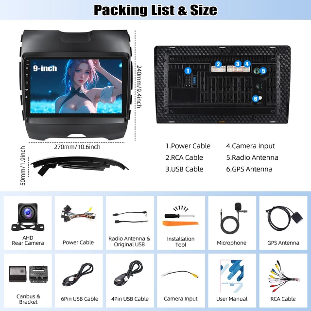 Alt view image 7 of 7 - 2G+64G Car Radio for Ford Edge 2015-2018 with Wireless CarPlay Andriod Auto Android 13 Head Unit 9" Touch Screen Car Stereo with GPS Navigation WiFi Bluetooth FM RDS Radio HD Backup Camera