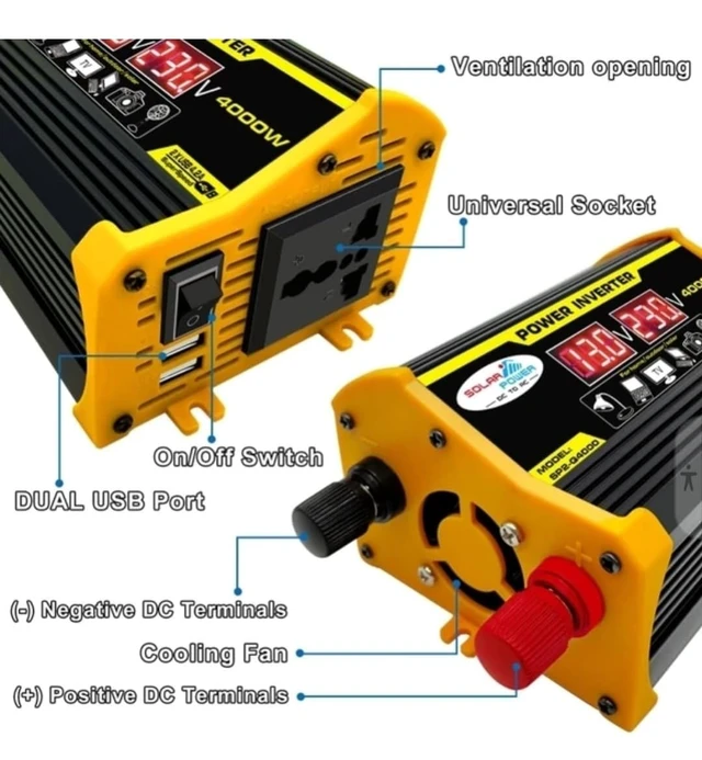 Alt view image 2 of 7 - High-Power 4000W DC to AC Power Inverter 12V to 110V/220V Converter with Dual USB Ports, Universal AC Outlet, LED Display for Cars, Trucks, RVs, and Home Backup (Yellow, 220V)