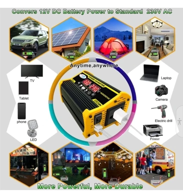 Alt view image 6 of 7 - High-Power 4000W DC to AC Power Inverter 12V to 110V/220V Converter with Dual USB Ports, Universal AC Outlet, LED Display for Cars, Trucks, RVs, and Home Backup (Yellow, 220V)